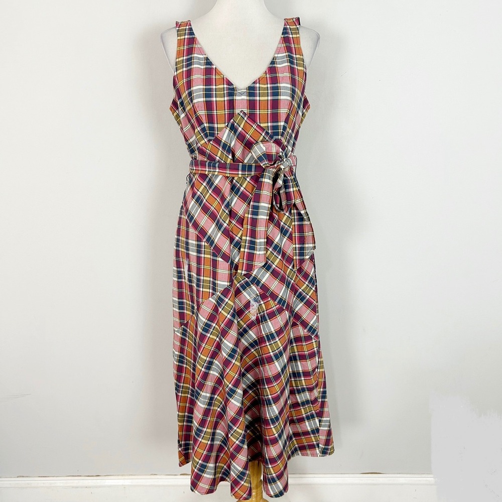 Lauren Ralph Lauren Midi Dress Plaid Asymmetrical Ruffle Size 10 Women's